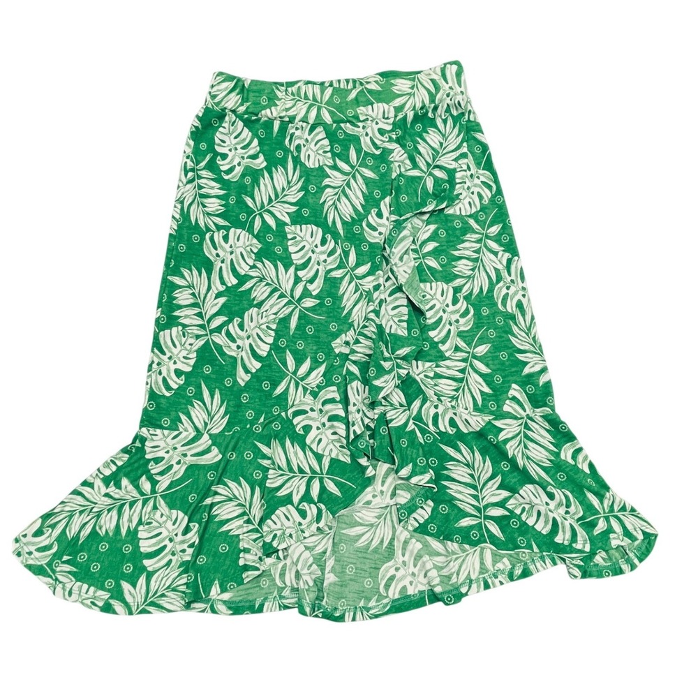 AMANA Green Tropical Monstera Leaf‎ Ruffle High-Low Midi Wrap Skirt XL Vacation